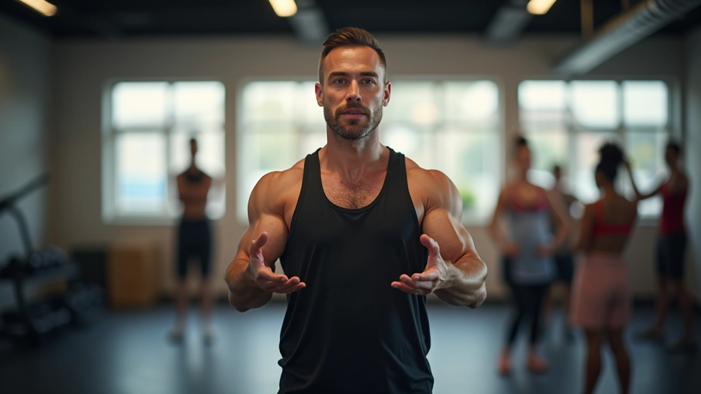 Male trainer aged 45 leading group fitness challenge event with participants