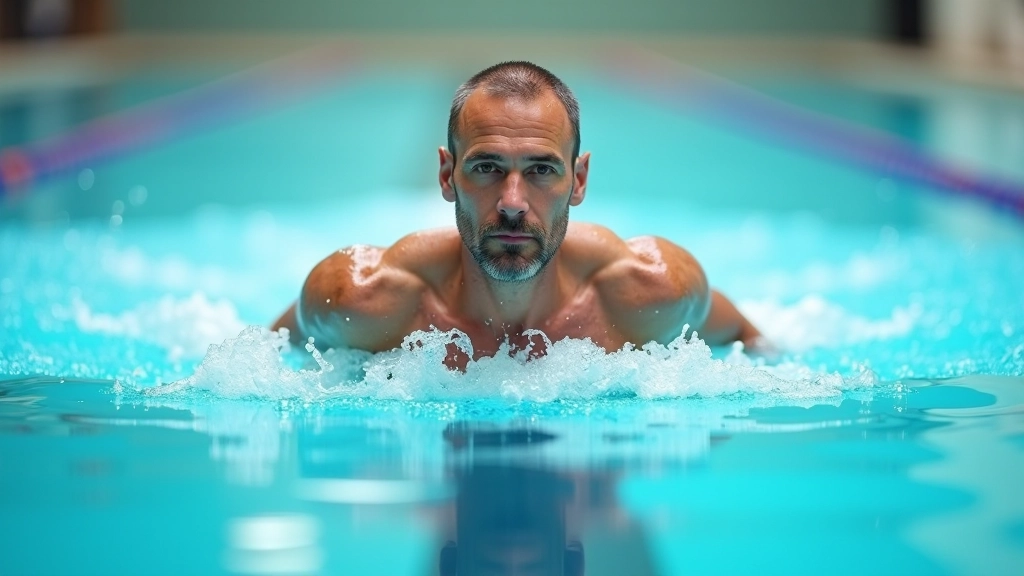 Adult man aged 55 swimming in indoor pool lane with clear water