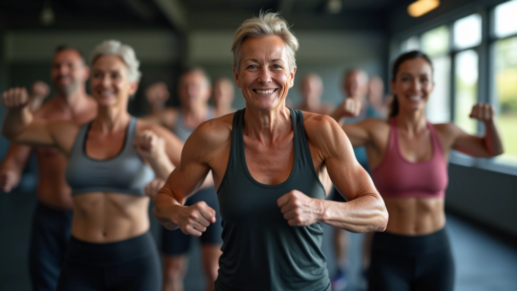 Group of adults in their 50s and 60s performing modified CrossFit movements together in a bright gym setting