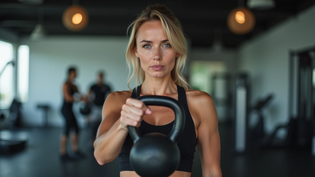 Woman aged 48 performing strength training exercise with proper form in modern gym